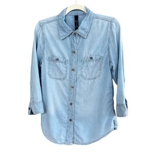 Seven7 Chambray Denim Button Down Shirt Womens Small Light Blue Casual
